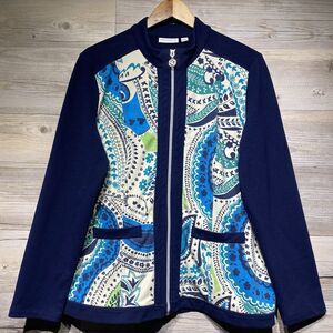 Susan Graver Full-Zip Knit Jacket Navy Blue Paisley Bandana Print Size Large